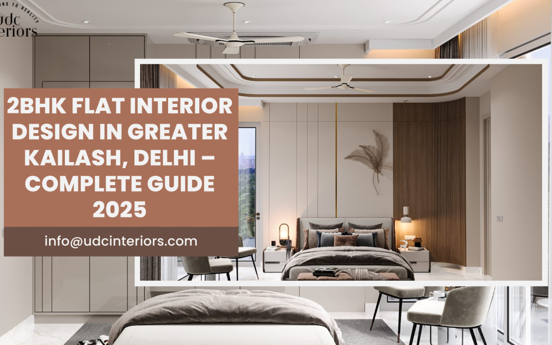 2BHK flat interior design Greater Kailash living room with modern false ceiling and space-saving sofa